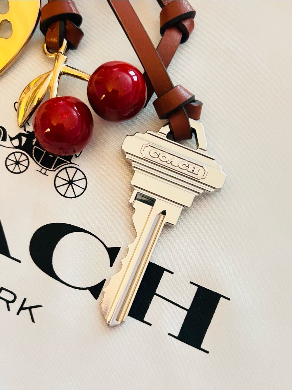 NWOT Coach Love Denim Cherry/Heart/ Key Genuine Leather Bag Charm - Picture 5 of 11